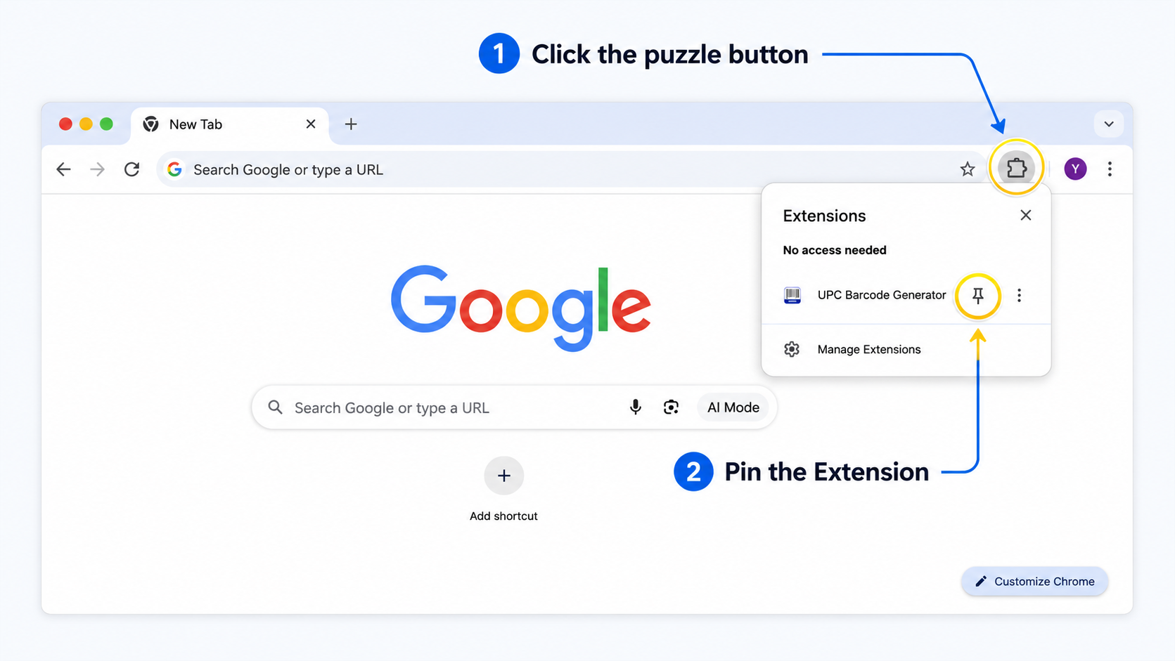 Pin the UPC Barcode Generator extension from Chrome's extensions menu
