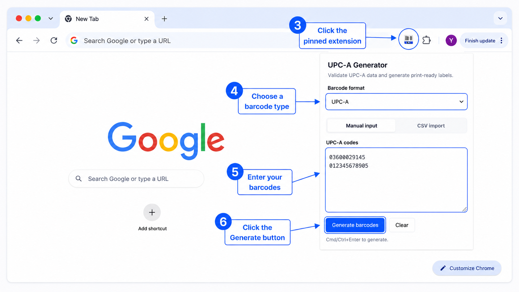 Enter UPC codes and generate barcodes in the extension popup