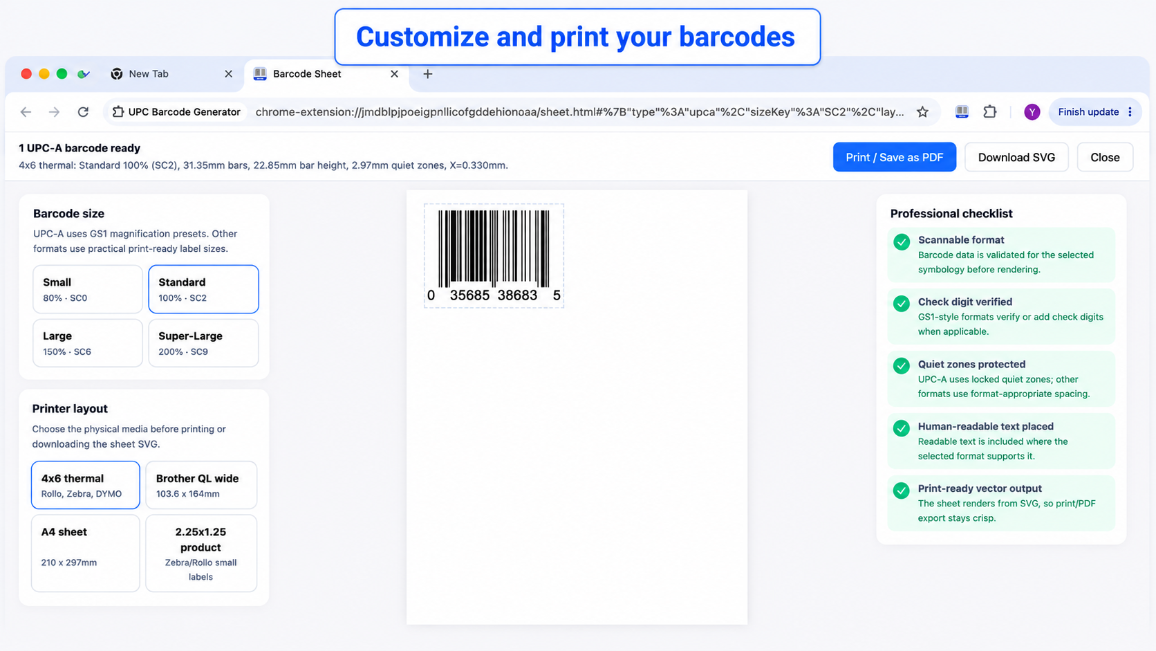 Customize and print generated UPC barcodes